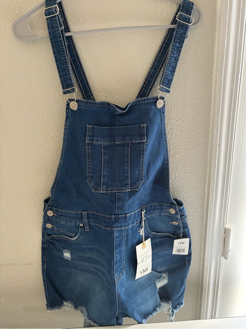 YMI Blue Distressed Denim Short Overalls